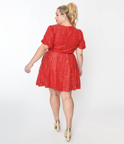Red Sequin Puff Sleeve Flare Dress - Unique Vintage - Womens, DRESSES, SHIFTS