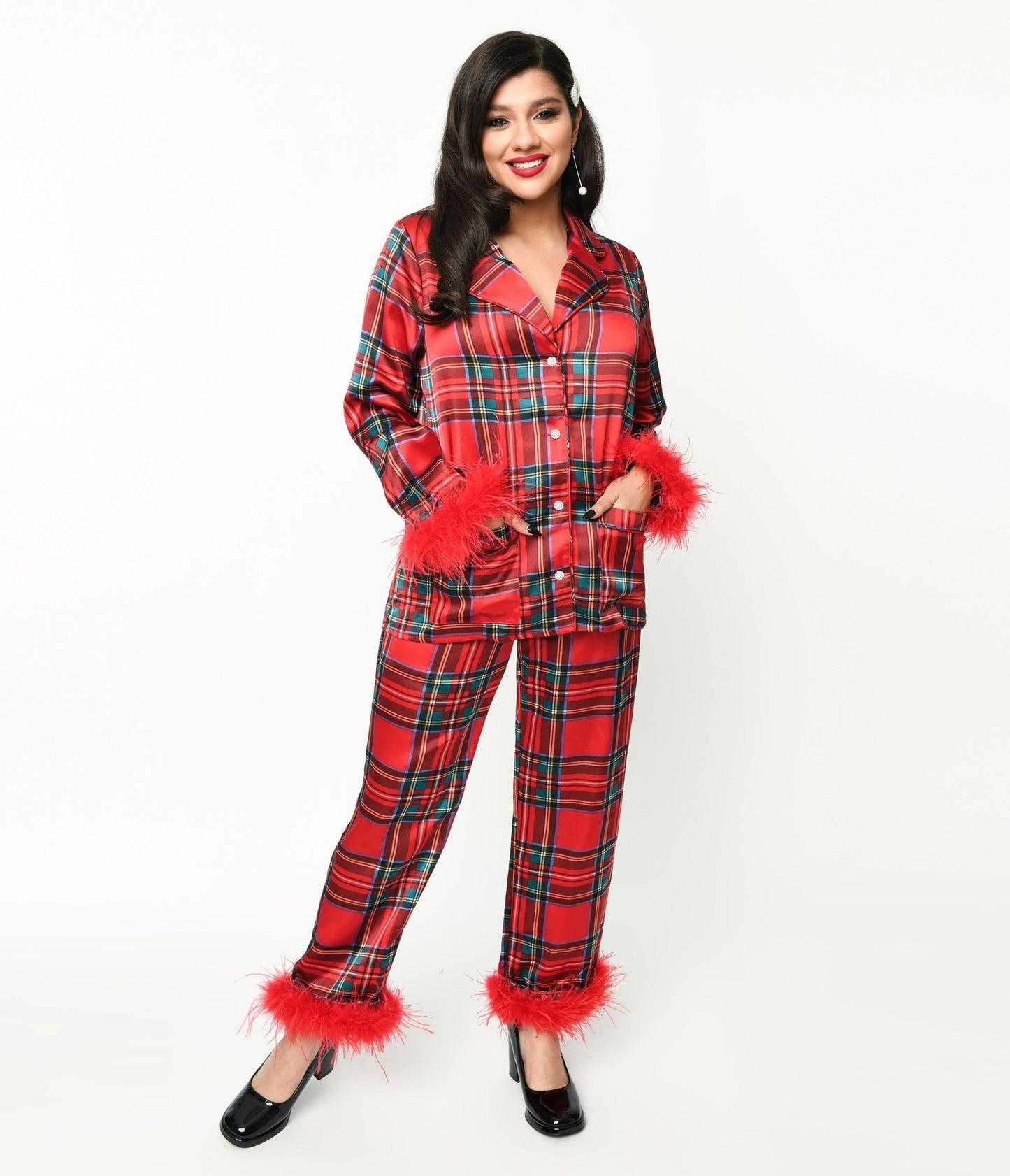 Red Tartan & Feather Trim Pajama Set - Unique Vintage - Womens, ACCESSORIES, LINGERIE