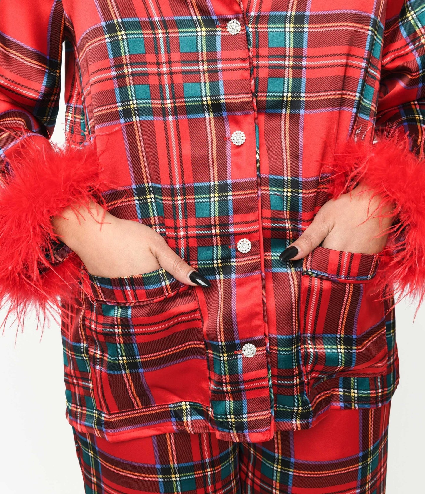 Red Tartan & Feather Trim Pajama Set - Unique Vintage - Womens, ACCESSORIES, LINGERIE