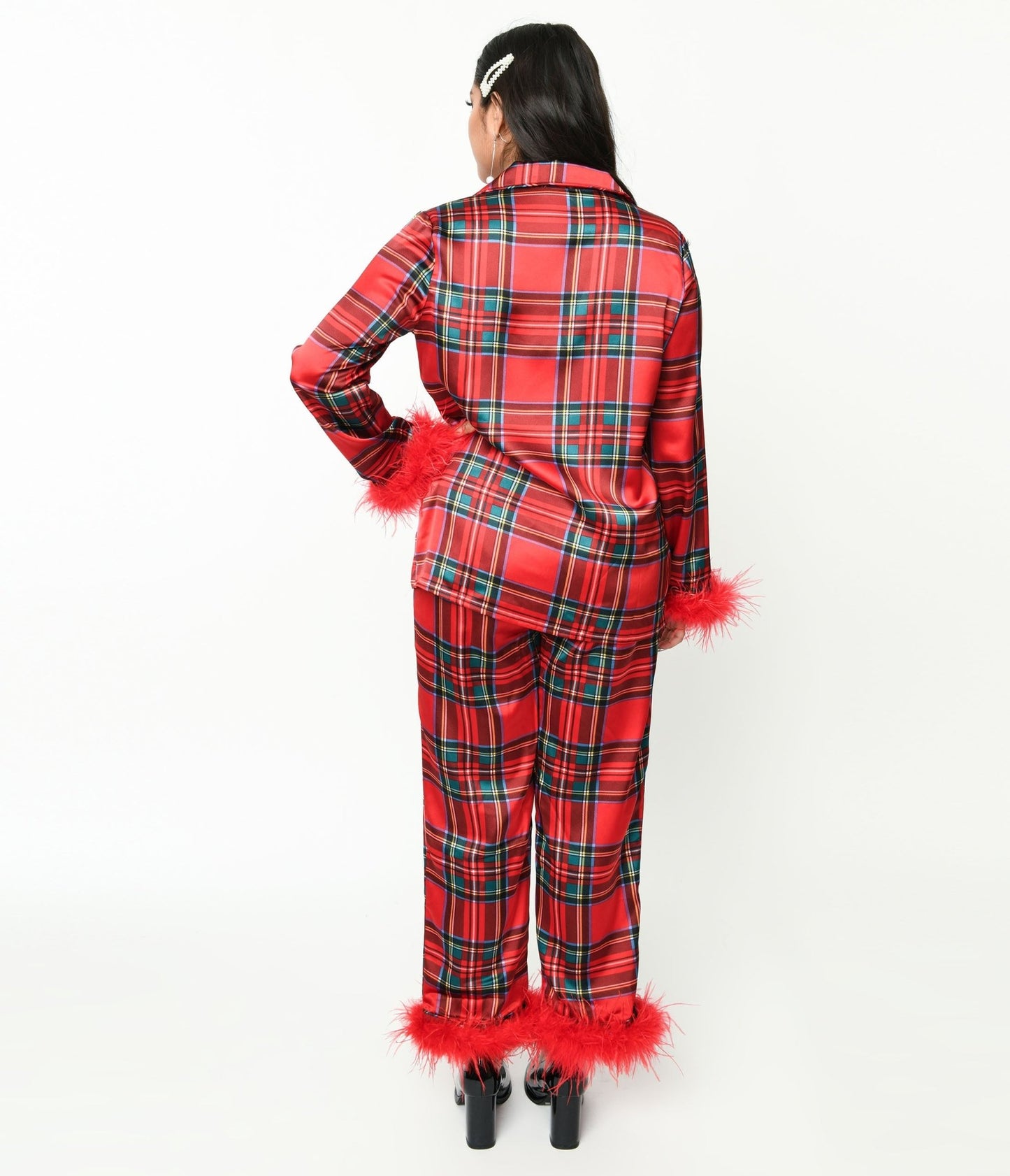 Red Tartan & Feather Trim Pajama Set - Unique Vintage - Womens, ACCESSORIES, LINGERIE