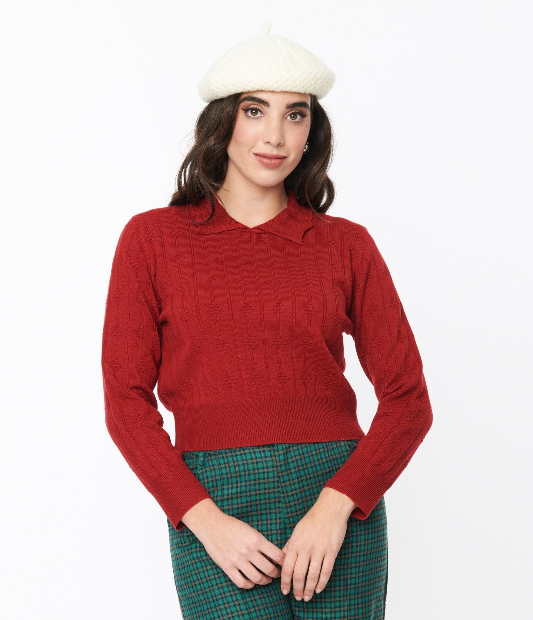 Red Textured Collared Knit Sweater - Unique Vintage - Womens, TOPS, SWEATERS