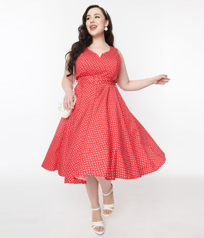 Red & White Floral Dot Belted Swing Dress - Unique Vintage - Womens, DRESSES, SWING