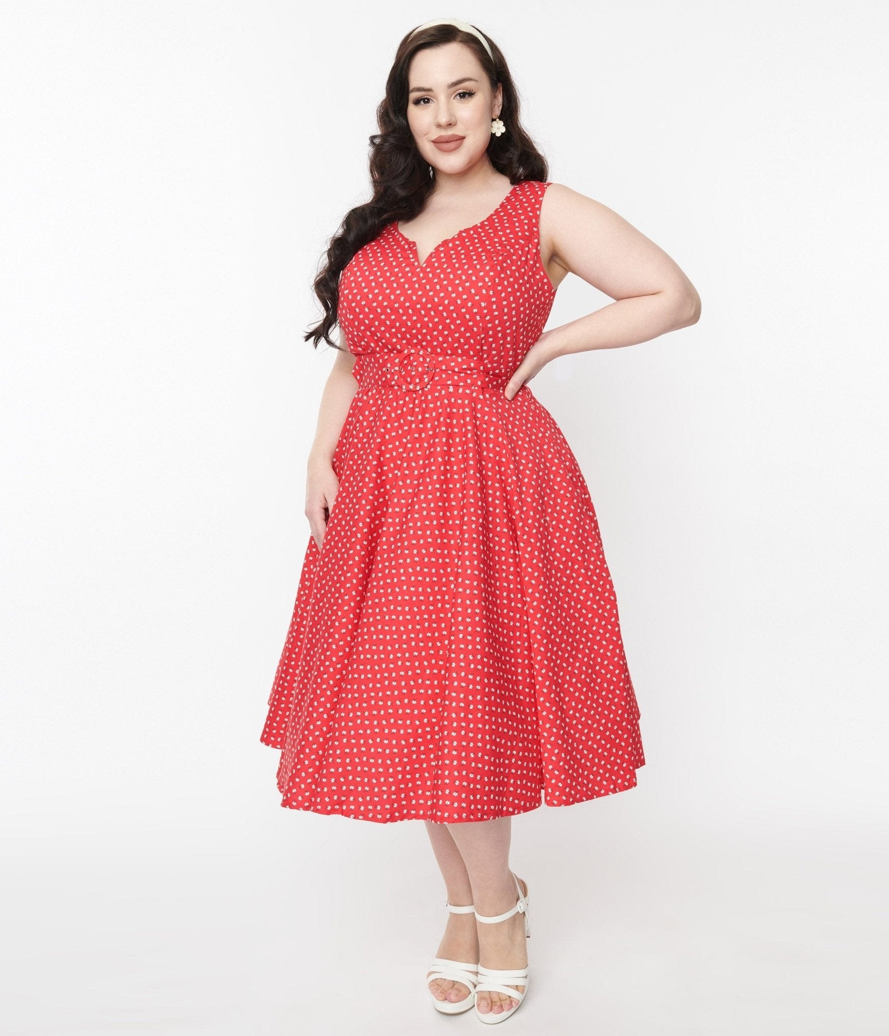 Red & White Floral Dot Belted Swing Dress - Unique Vintage - Womens, DRESSES, SWING