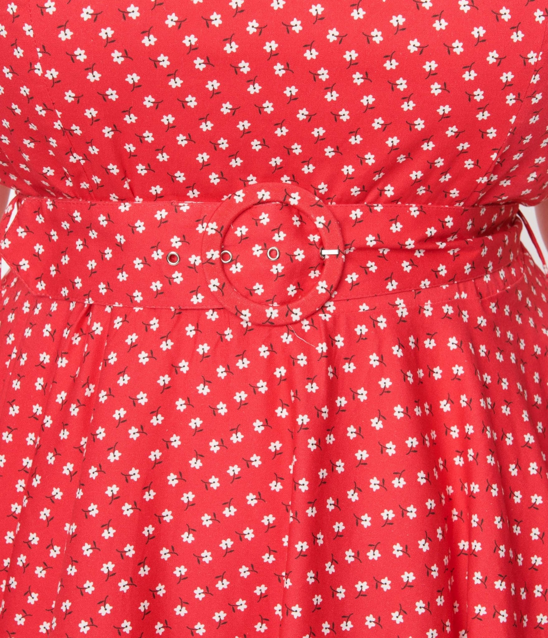 Red & White Floral Dot Belted Swing Dress - Unique Vintage - Womens, DRESSES, SWING