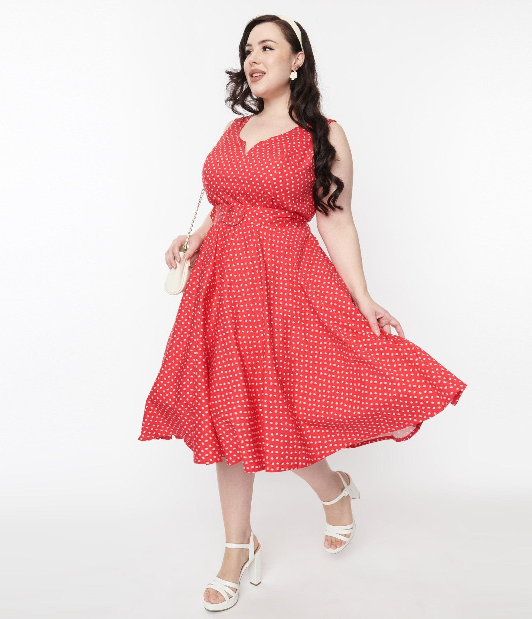 Red & White Floral Dot Belted Swing Dress - Unique Vintage - Womens, DRESSES, SWING