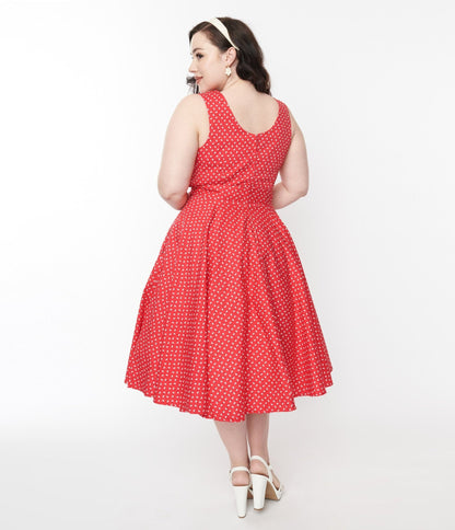 Red & White Floral Dot Belted Swing Dress - Unique Vintage - Womens, DRESSES, SWING