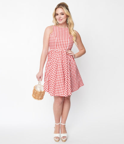 Red & White Gingham Swing Dress - Unique Vintage - Womens, DRESSES, SWING