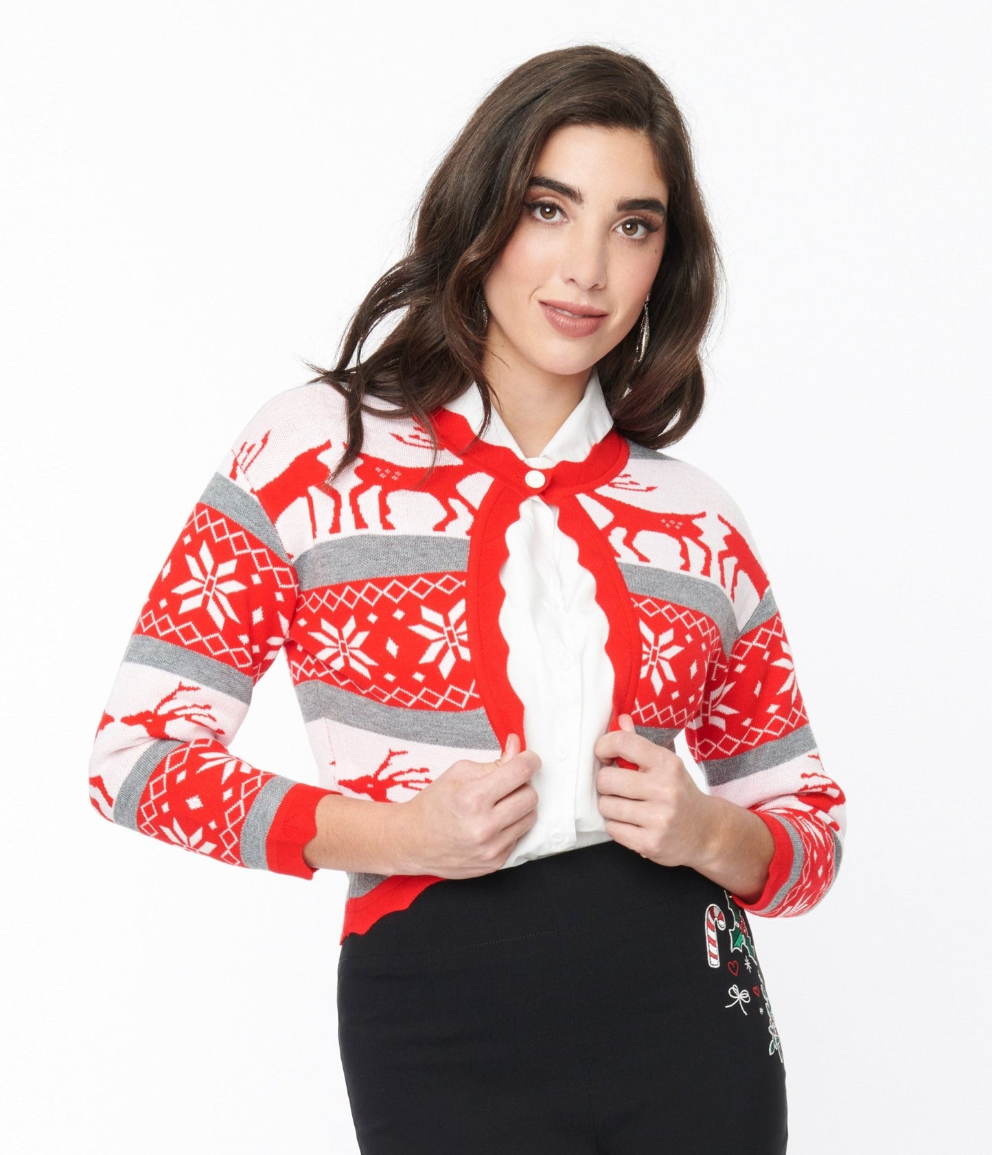 Red & White Holiday Print Shrug Cardigan - Unique Vintage - Womens, TOPS, SWEATERS
