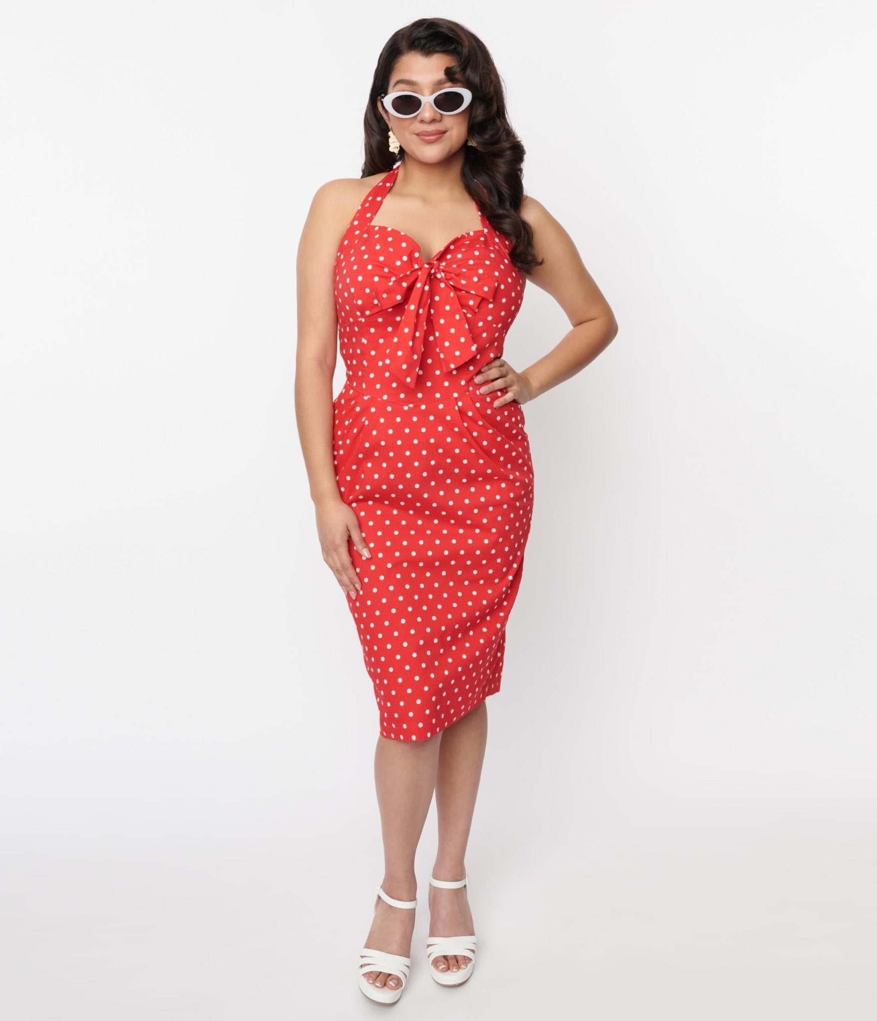 Red & White Polka Wiggle Dress - Unique Vintage - Womens, DRESSES, WIGGLE