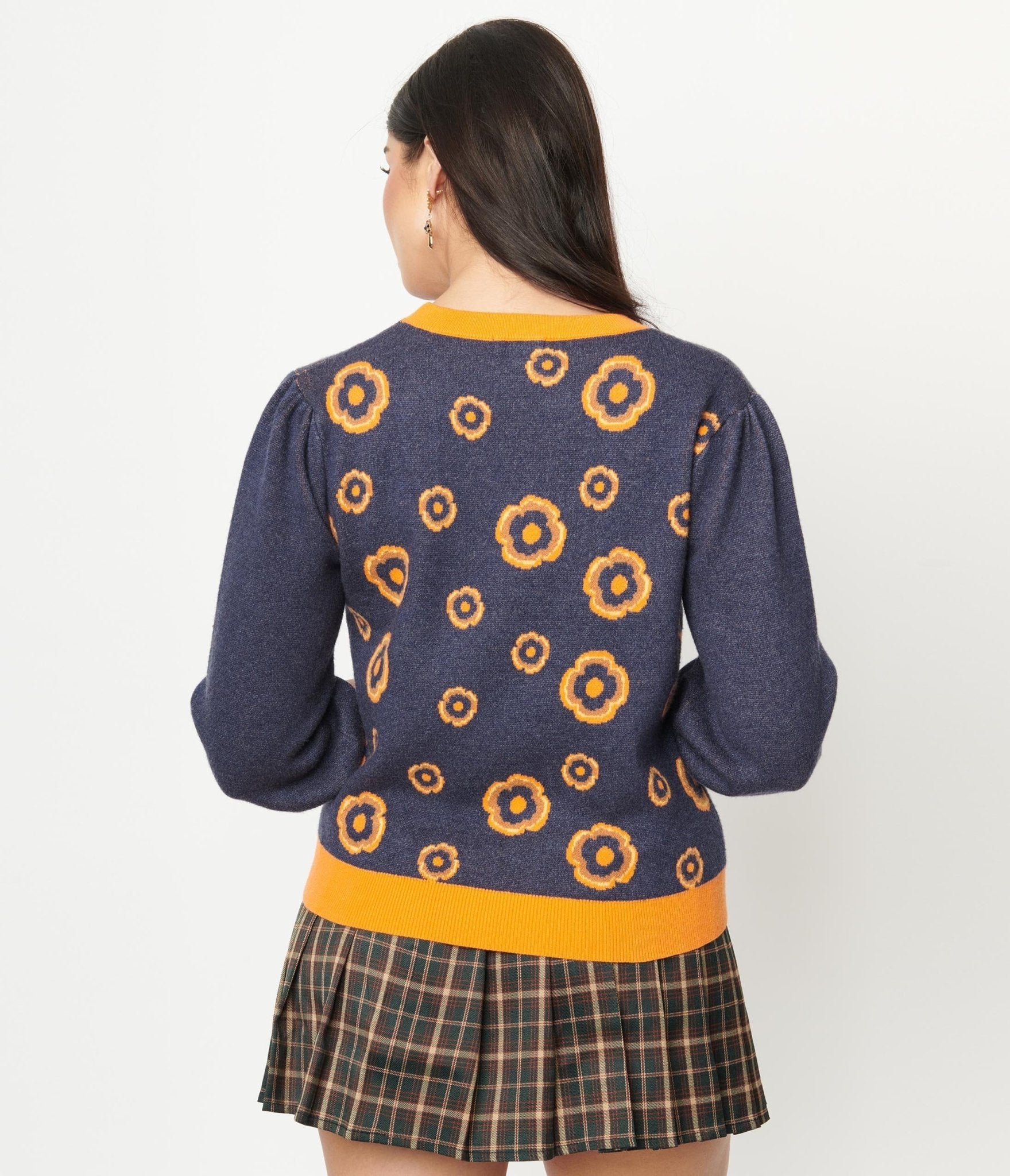 Retro Dark Blue & Orange Floral Sid Sweater - Unique Vintage - Womens, TOPS, SWEATERS