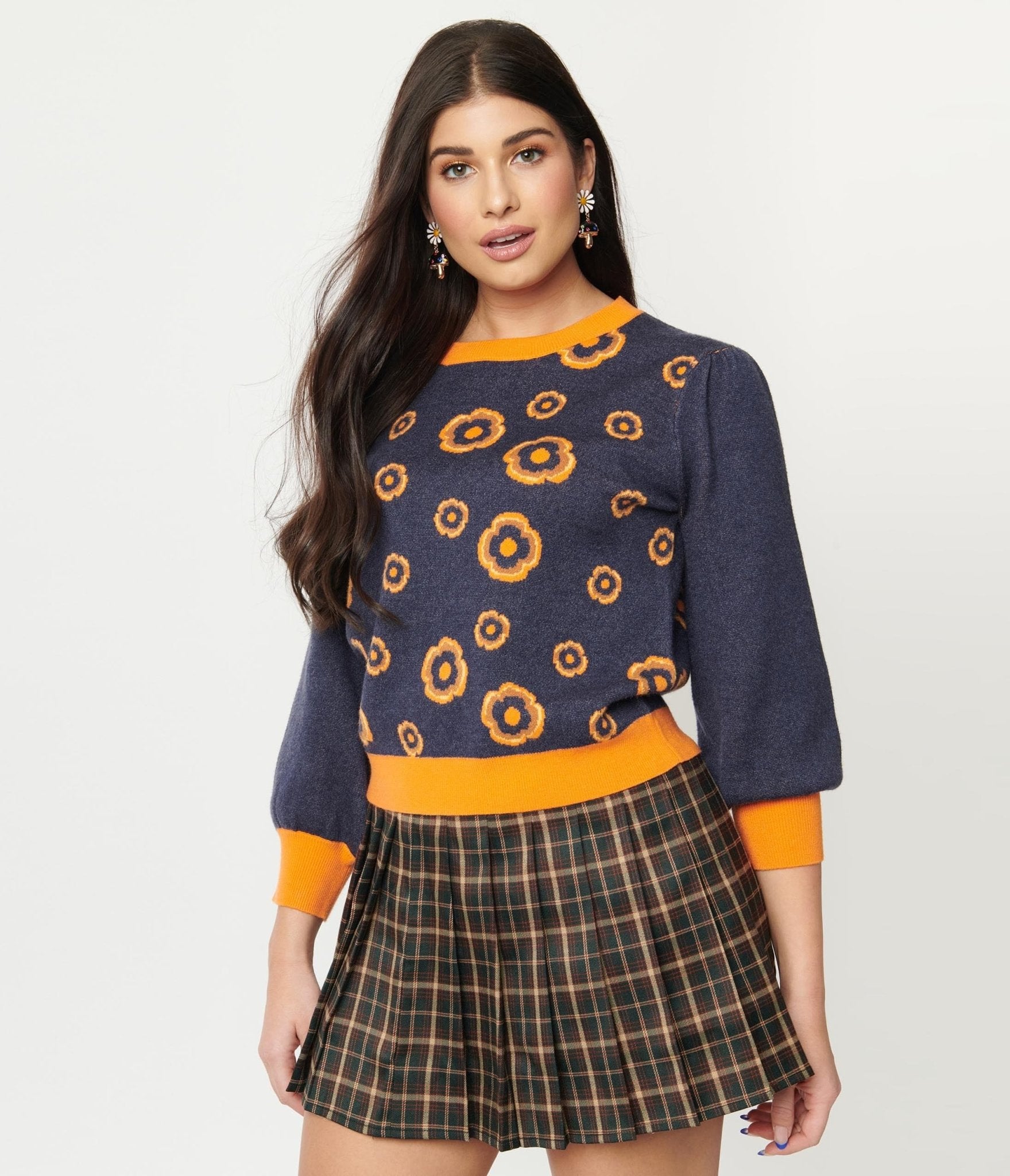 Retro Dark Blue & Orange Floral Sid Sweater - Unique Vintage - Womens, TOPS, SWEATERS