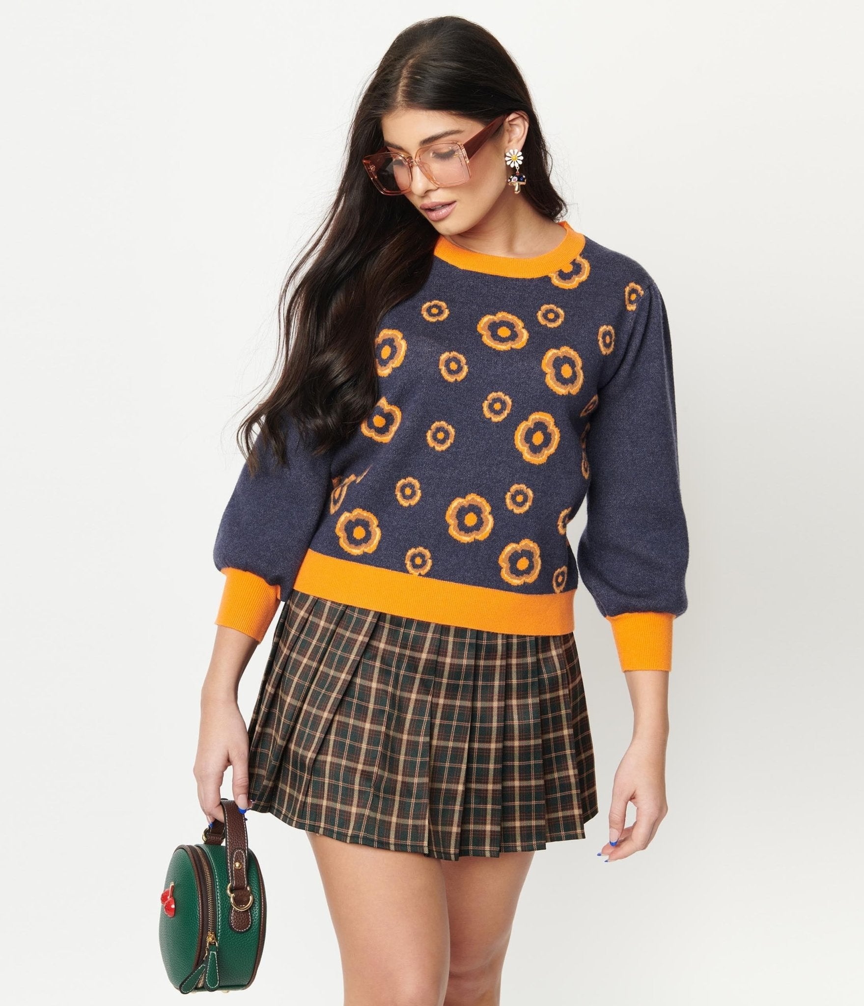 Retro Dark Blue & Orange Floral Sid Sweater - Unique Vintage - Womens, TOPS, SWEATERS