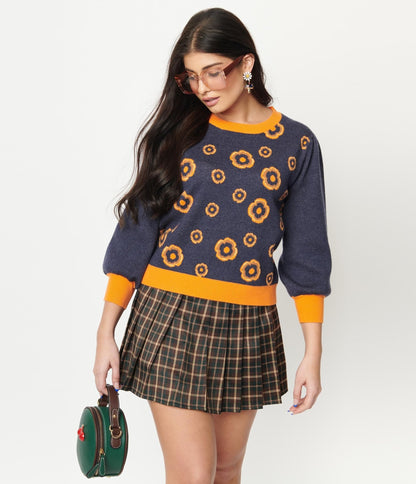 Retro Dark Blue & Orange Floral Sid Sweater - Unique Vintage - Womens, TOPS, SWEATERS