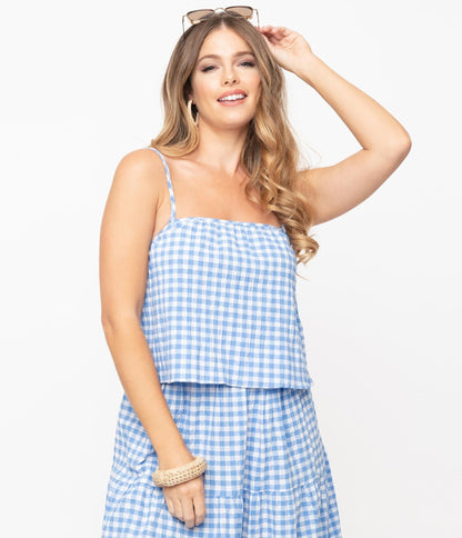 Retro Style Blue & White Gingham Crop Top - Unique Vintage - Womens, TOPS, WOVEN TOPS