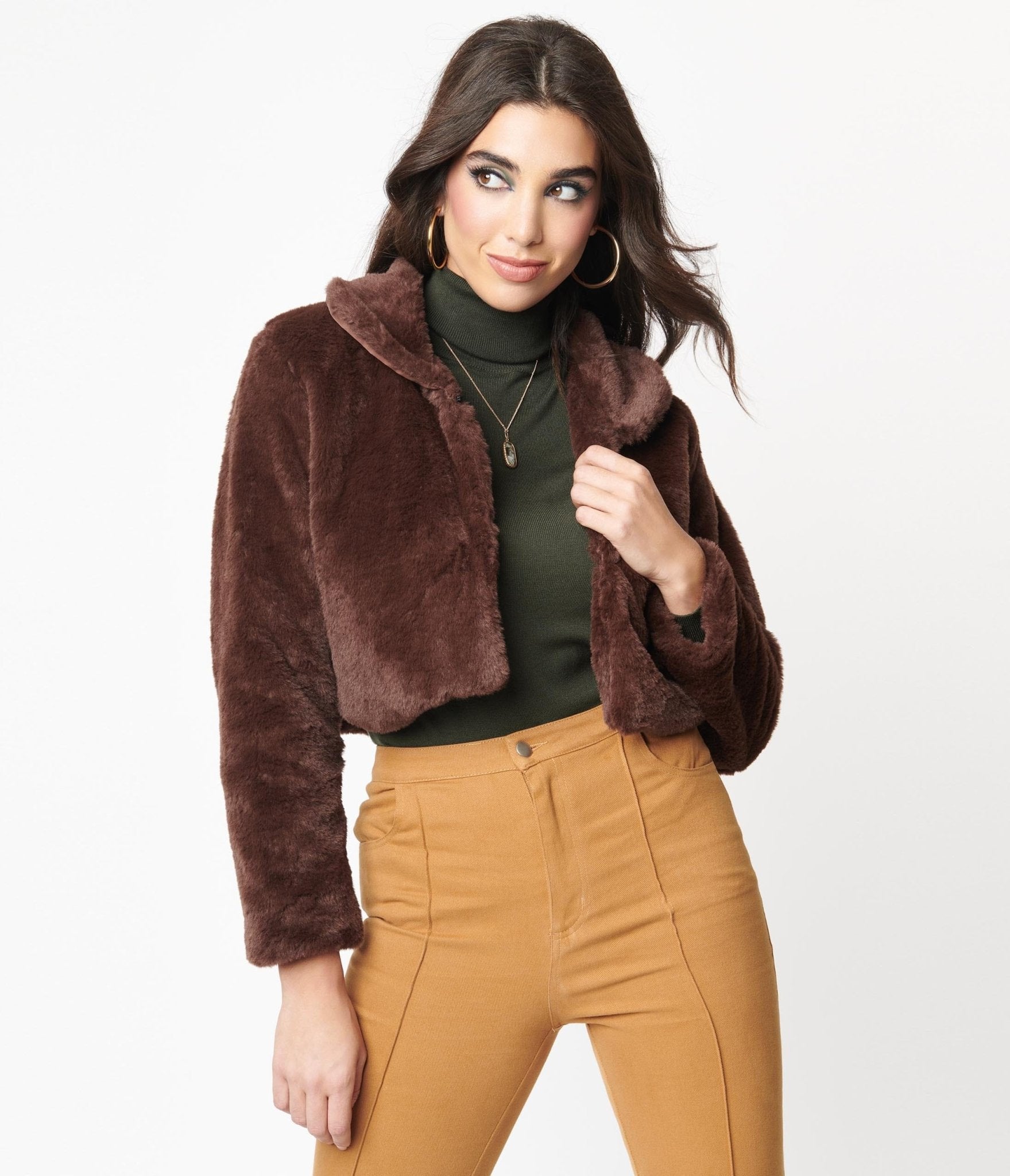 Retro Style Brown Faux Fur Crop Jacket - Unique Vintage - Womens, TOPS, OUTERWEAR