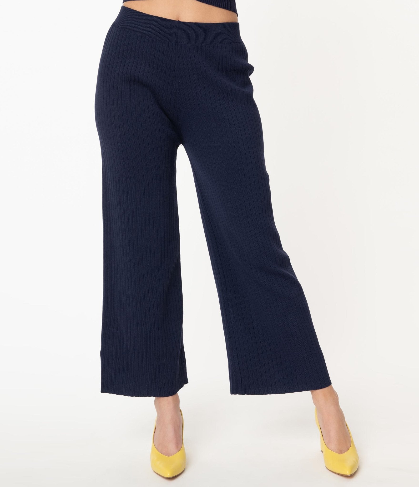 Retro Style Navy Blue Rib Knit Wide Leg Pants - Unique Vintage - Womens, BOTTOMS, PANTS