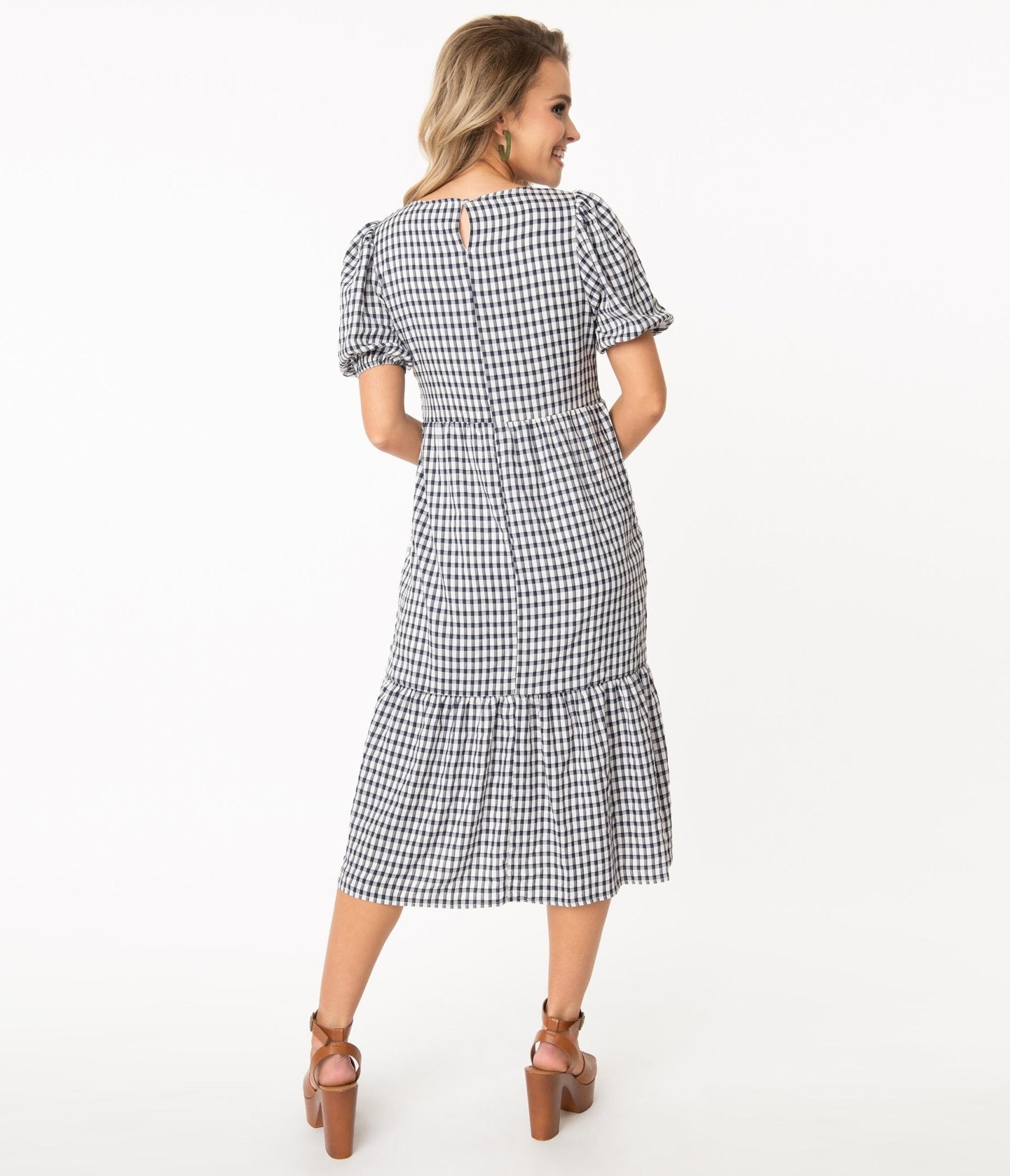 Retro Style Navy & White Gingham Modest Midi Dress - Unique Vintage - Womens, DRESSES, FIT AND FLARE