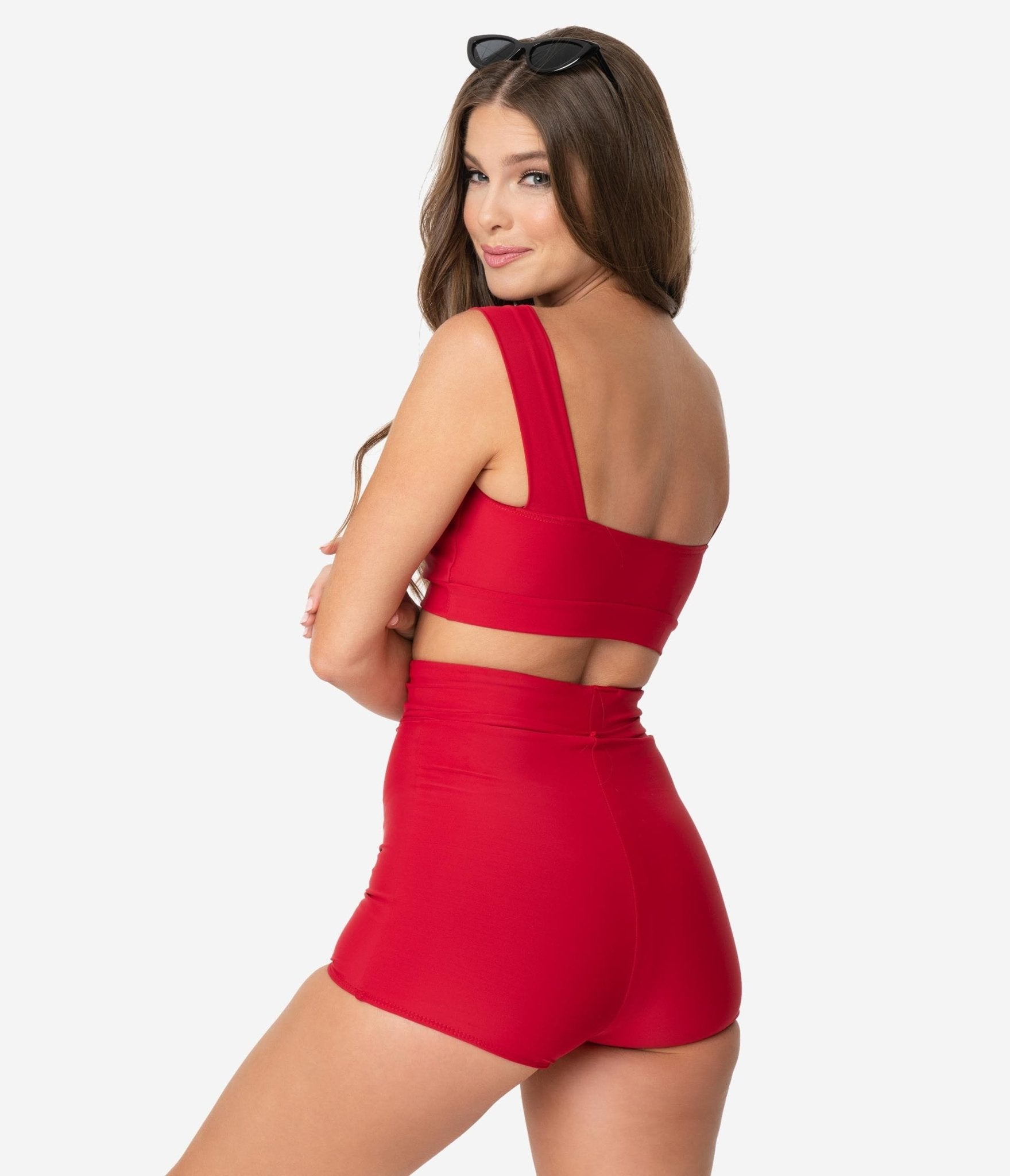 Retro Style Red Rounded Buckle Pin-Up Swim Top - Unique Vintage - Womens, SWIM, TOP