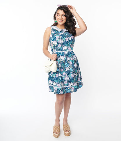 Retrolicious Blue Pegasus & Floral Flare Dress - Unique Vintage - Womens, DRESSES, FIT AND FLARE