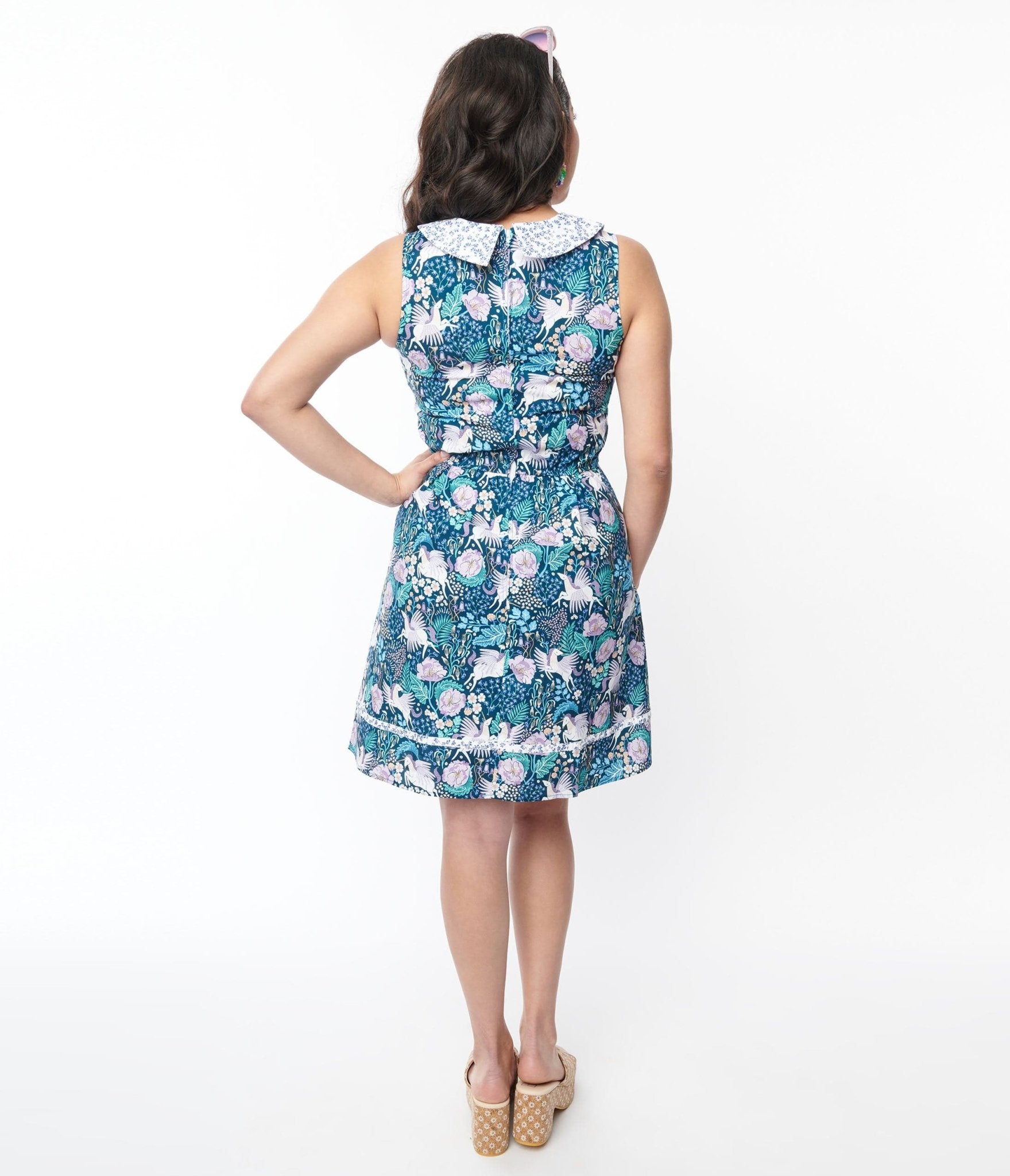 Retrolicious Blue Pegasus & Floral Flare Dress - Unique Vintage - Womens, DRESSES, FIT AND FLARE