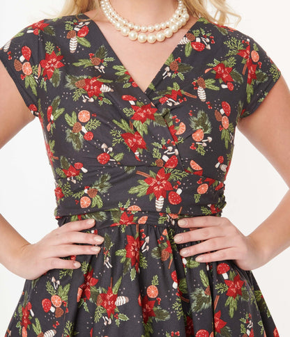 Retrolicious Brown & Holiday Florals Greta Swing Dress - Unique Vintage - Womens, DRESSES, SWING