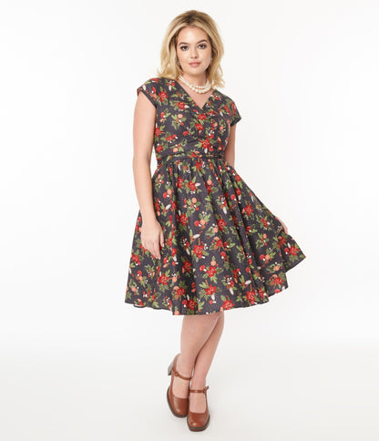 Retrolicious Brown & Holiday Florals Greta Swing Dress - Unique Vintage - Womens, DRESSES, SWING