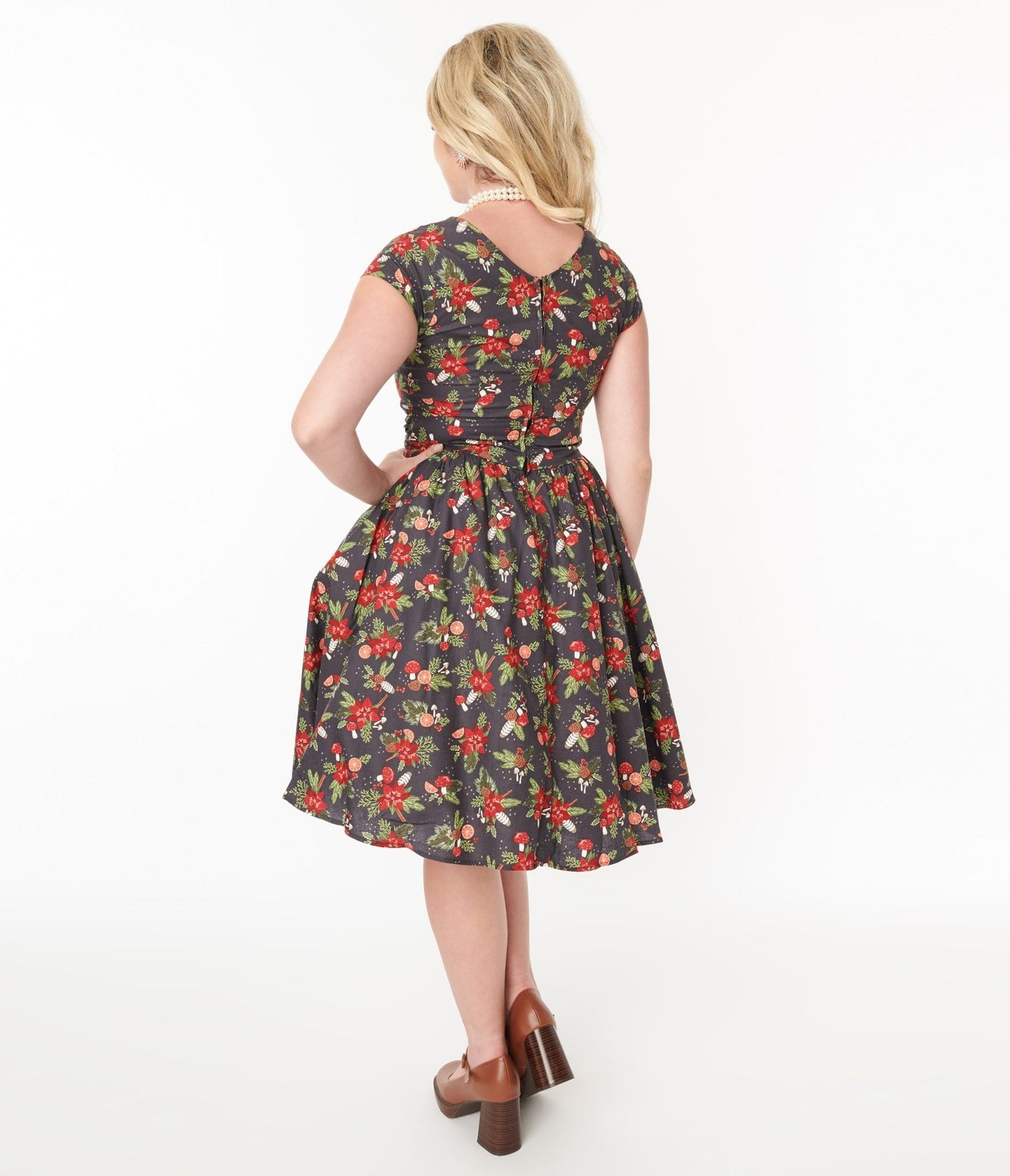 Retrolicious Brown & Holiday Florals Greta Swing Dress - Unique Vintage - Womens, DRESSES, SWING