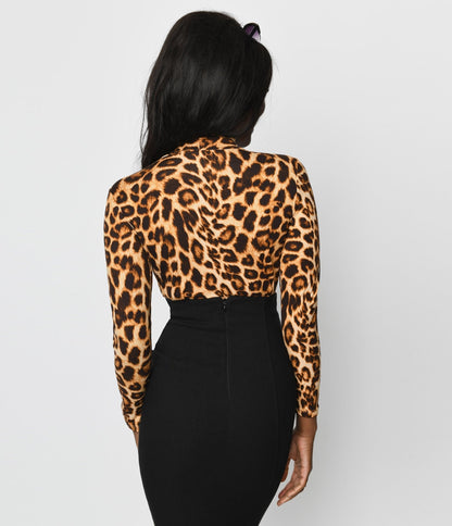 Retrolicious Leopard Mock Neck Sleeved Top - Unique Vintage - Womens, TOPS, WOVEN TOPS