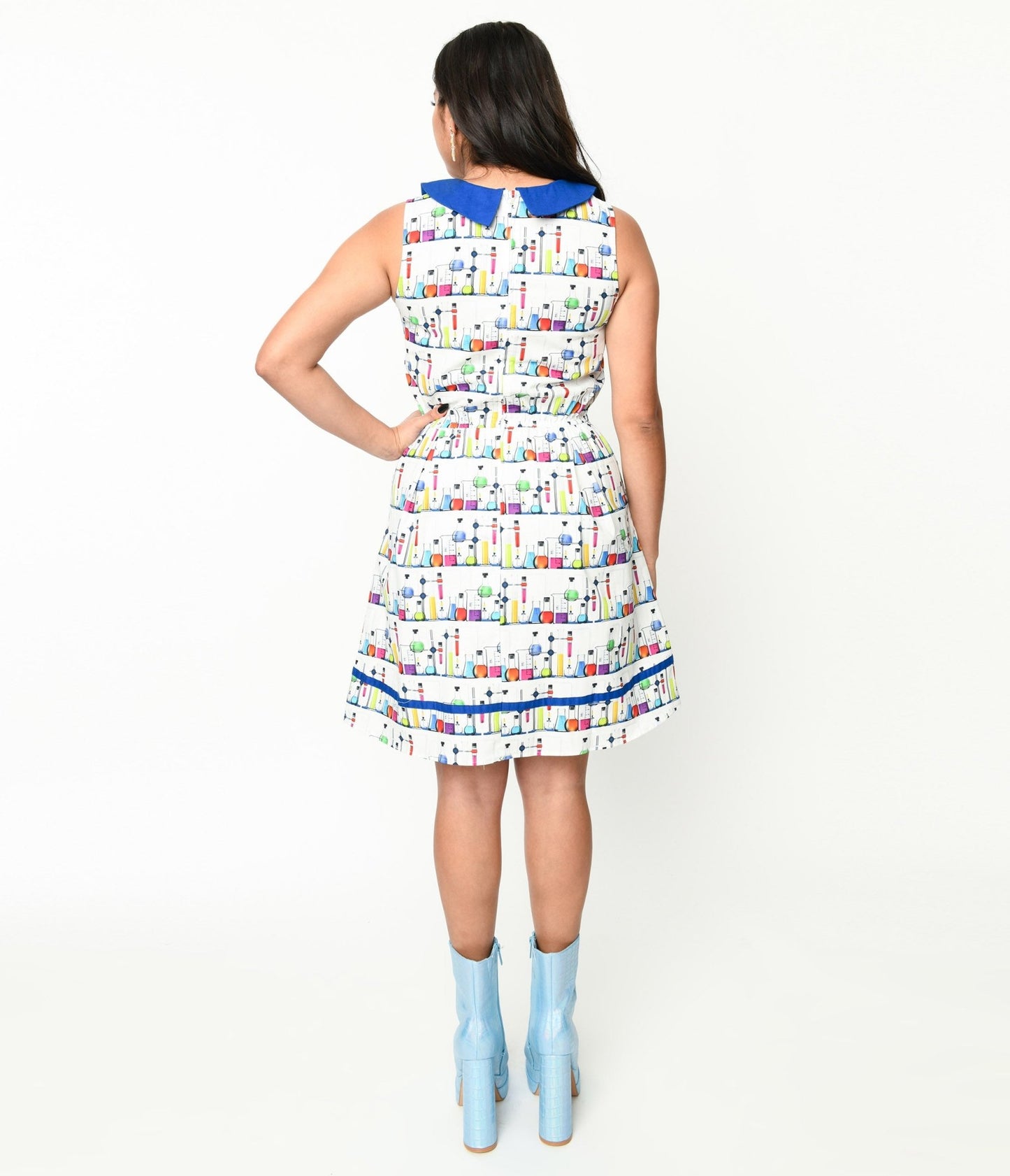 Retrolicious White & Blue Contrast Mad Scientist Fit & Flare Dress - Unique Vintage - Womens, DRESSES, FIT AND FLARE