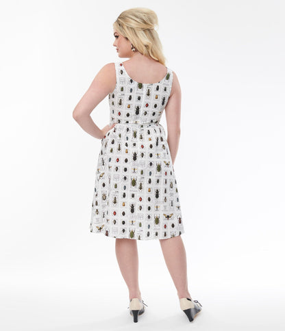 Retrolicious White & Bug Stamps Fit & Flare Dress - Unique Vintage - Womens, DRESSES, FIT AND FLARE