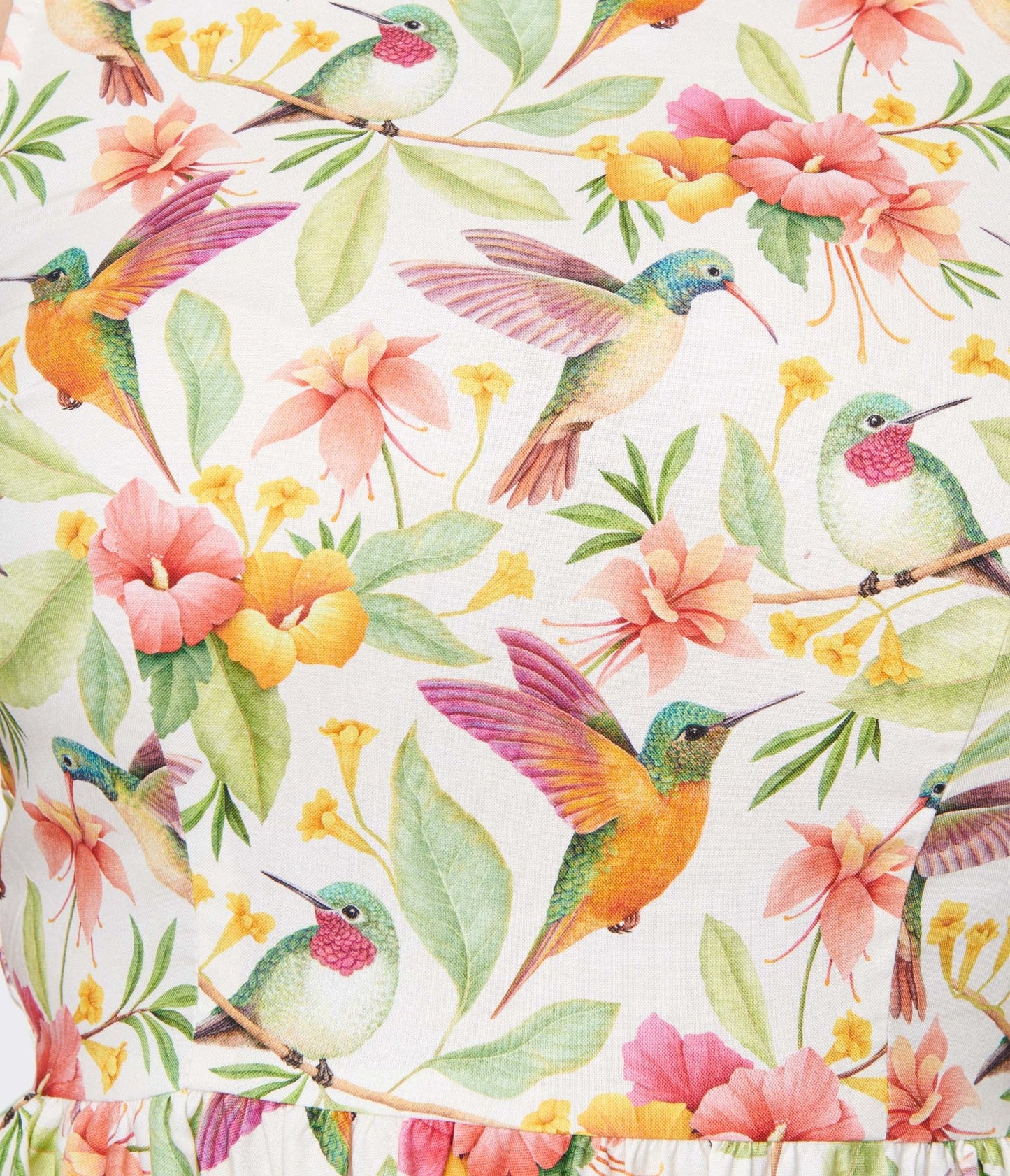 Retrolicious White Hibiscus & Hummingbird Print Midi Dress - Unique Vintage - Womens, DRESSES, MIDI