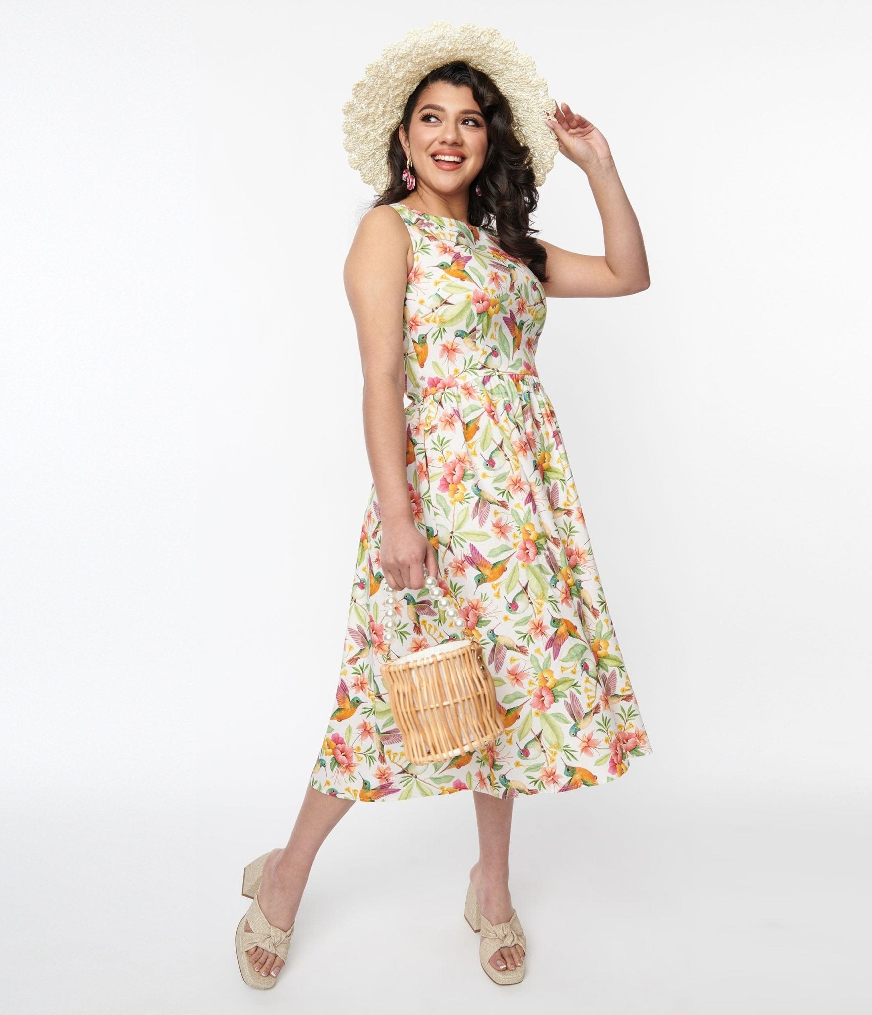 Retrolicious White Hibiscus & Hummingbird Print Midi Dress - Unique Vintage - Womens, DRESSES, MIDI