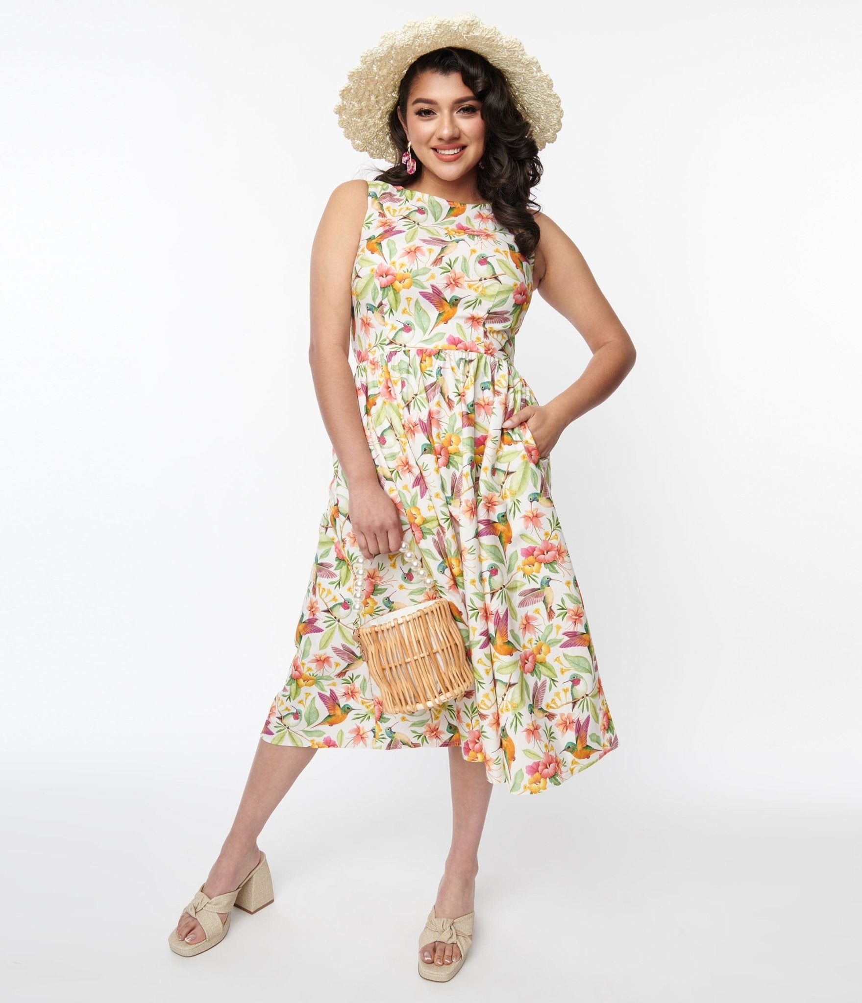 Retrolicious White Hibiscus & Hummingbird Print Midi Dress - Unique Vintage - Womens, DRESSES, MIDI