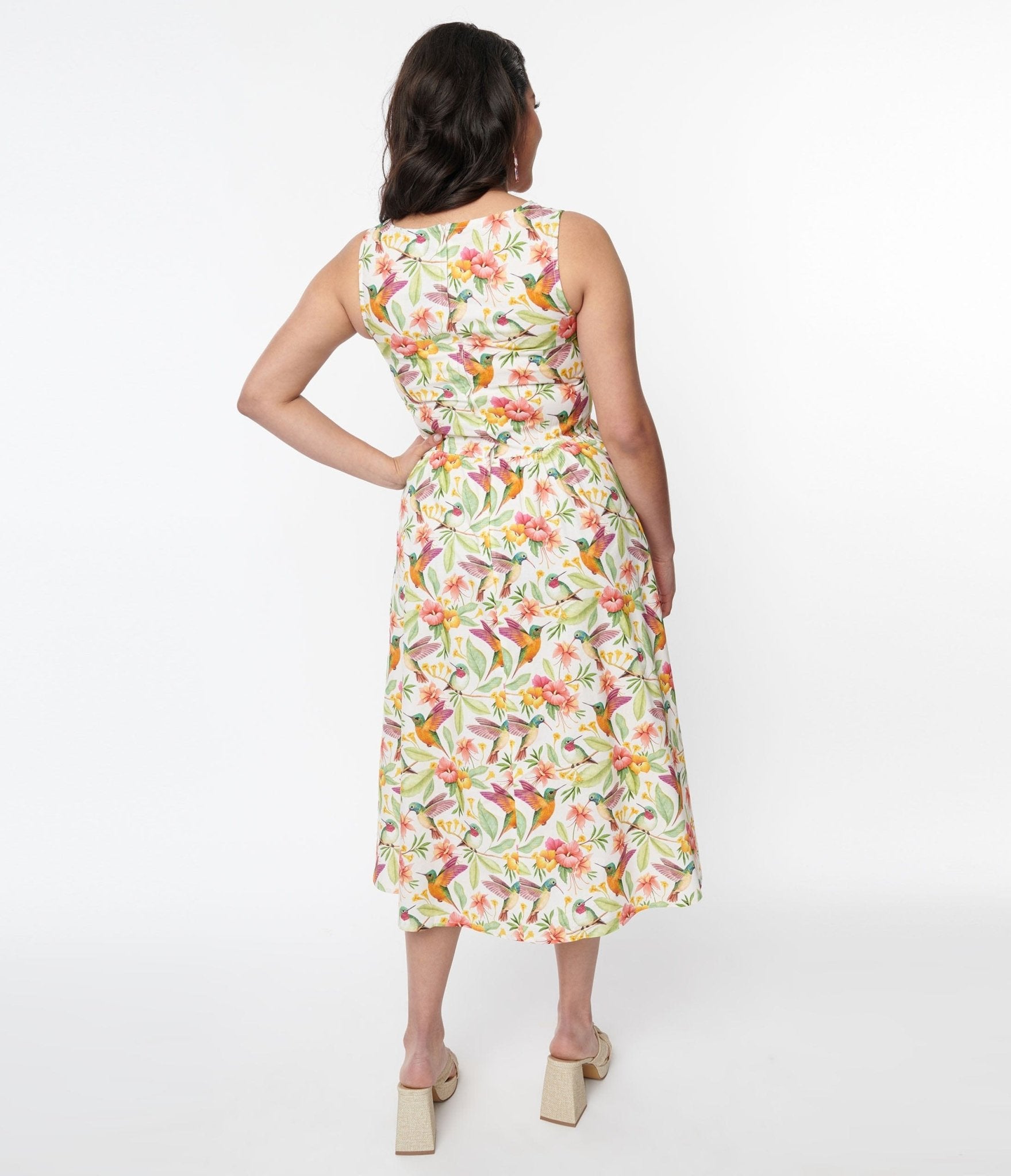 Retrolicious White Hibiscus & Hummingbird Print Midi Dress - Unique Vintage - Womens, DRESSES, MIDI