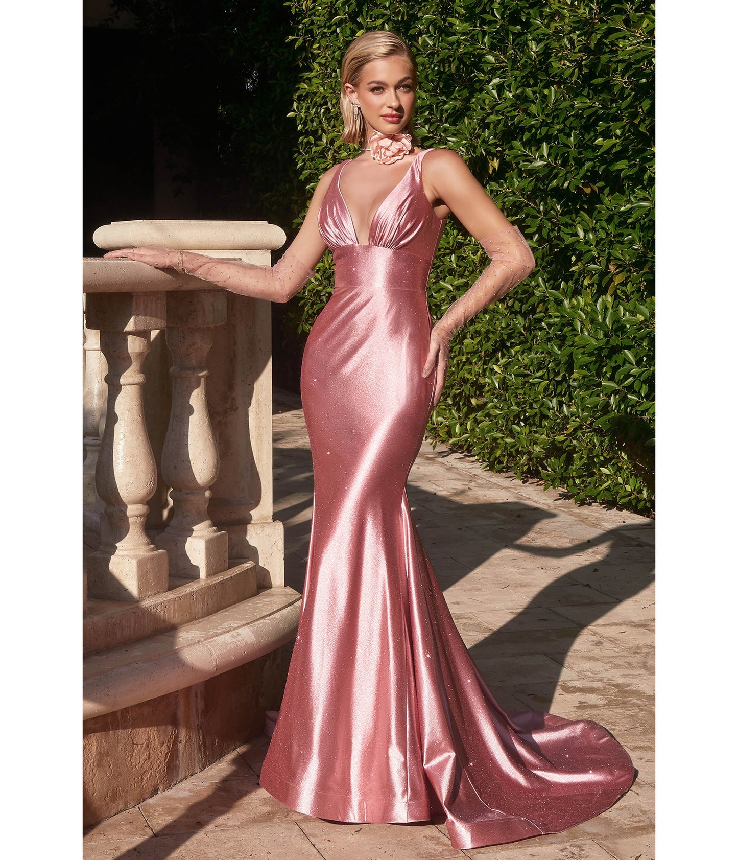 Rose Glitter Satin Plunging Mermaid Gown - Unique Vintage - Womens, DRESSES, PROM AND SPECIAL OCCASION