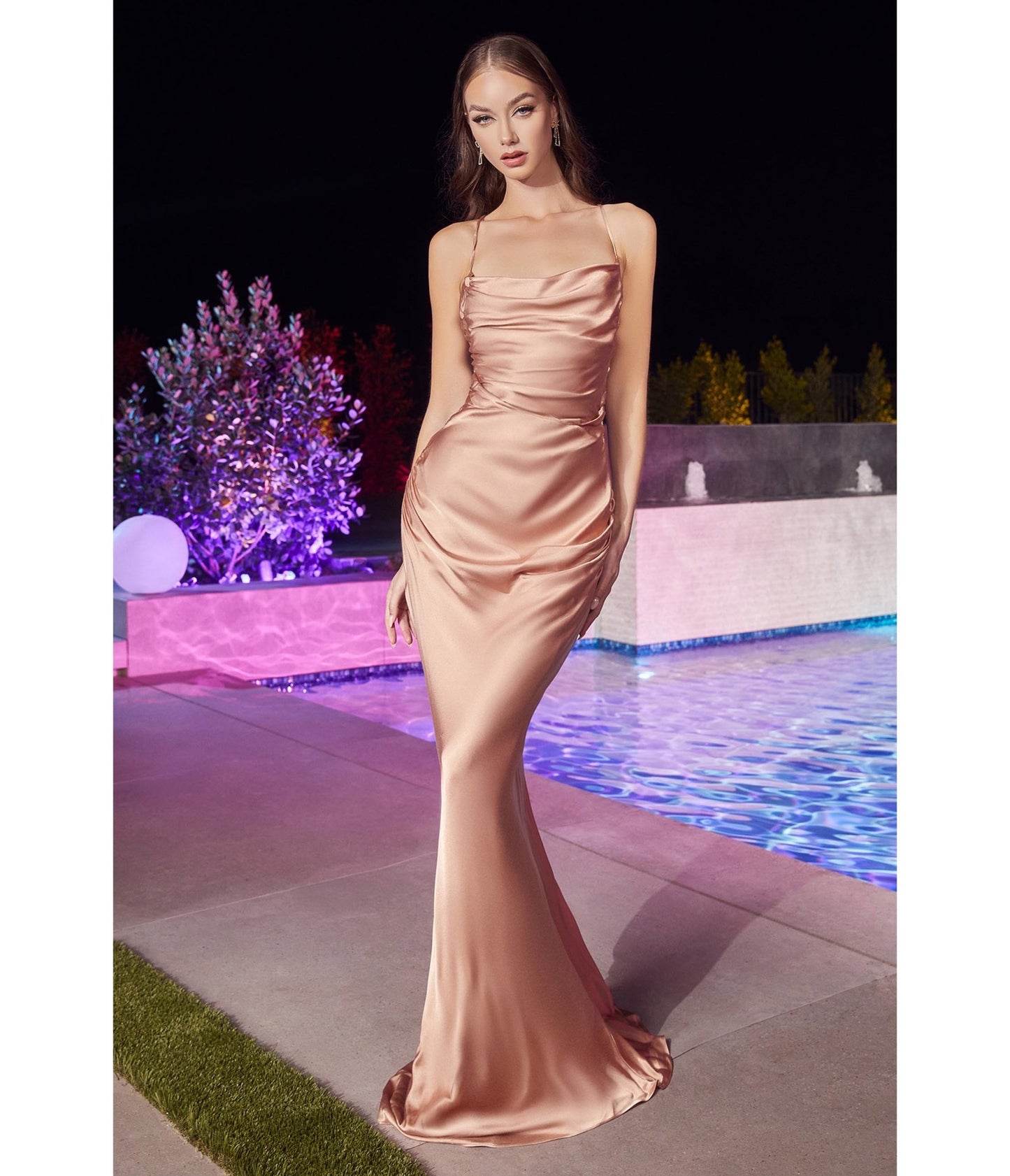 Rose Gold Satin Fitted Slip Bridesmaid Gown - Unique Vintage - Womens, DRESSES, PROM AND SPECIAL OCCASION