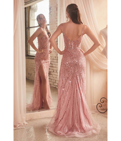 Rose Gold Sequin Beaded High Slit Fitted Prom Gown - Unique Vintage - Womens, DRESSES, PROM AND SPECIAL OCCASION