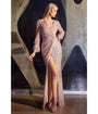 Cinderella Divine  Rose Gold Sequin Long Sleeve Slit Evening Gown