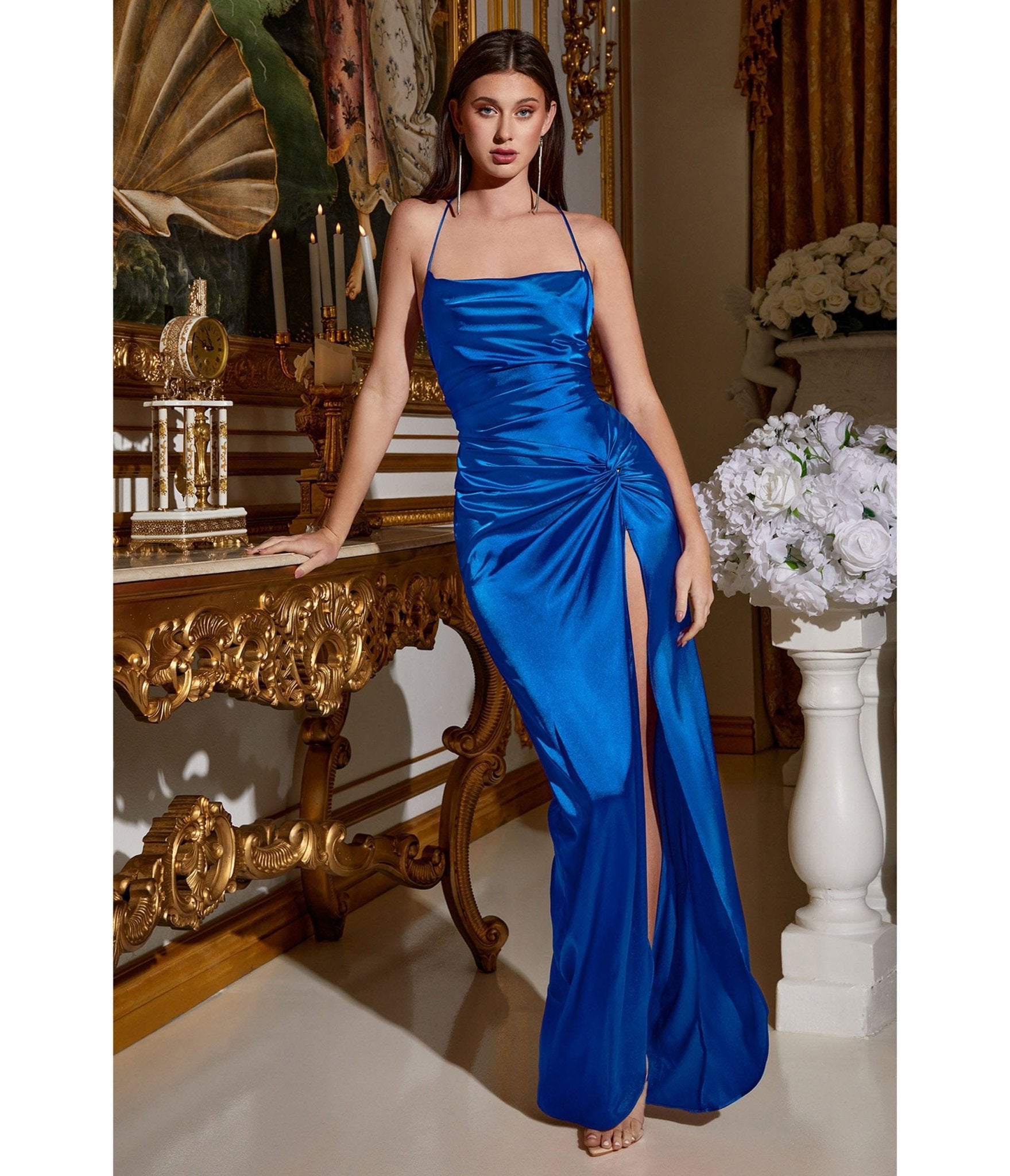 Royal Blue Draped Satin Slit Bridesmaid Dress - Unique Vintage - Womens, DRESSES, PROM AND SPECIAL OCCASION