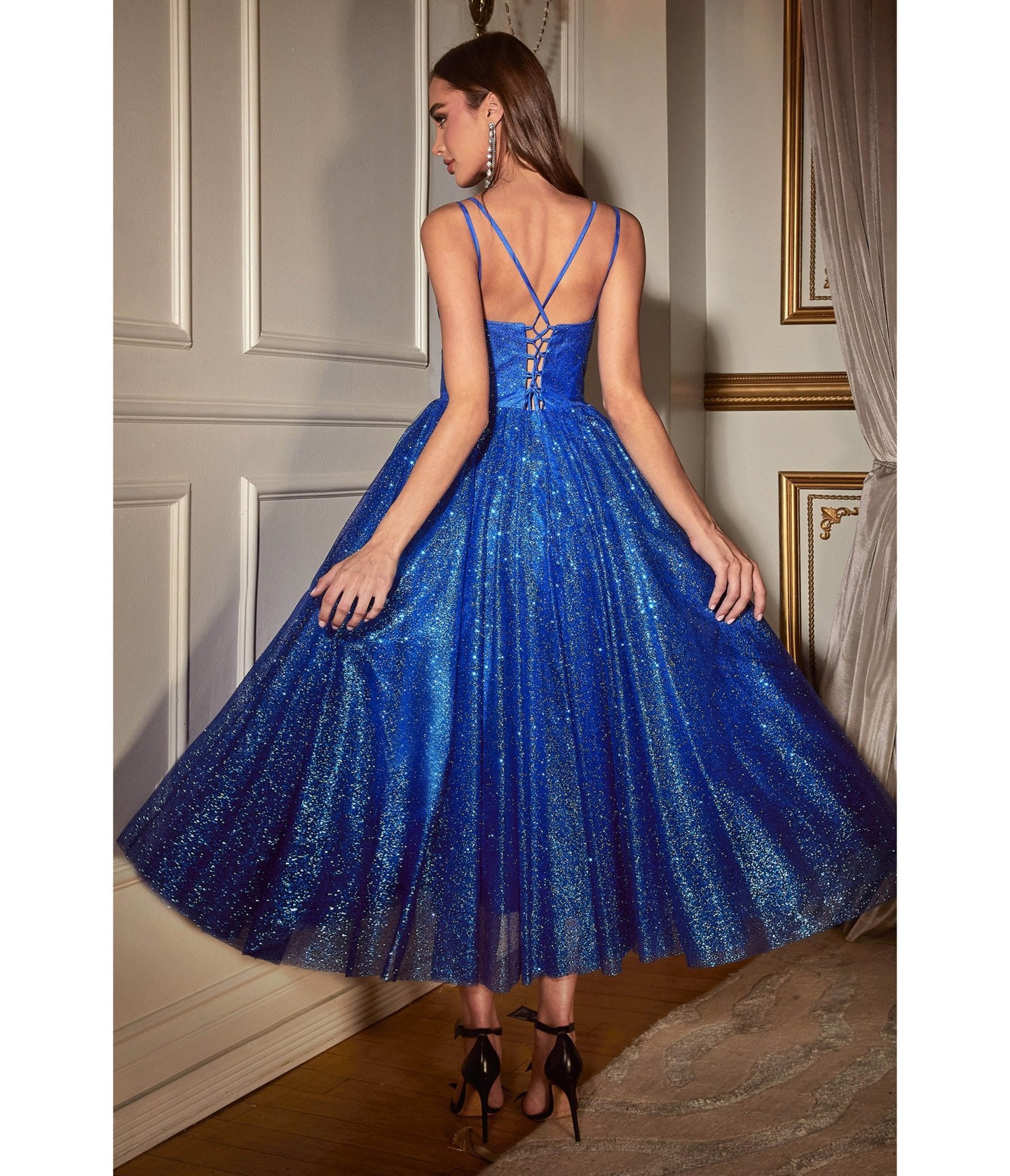 Royal Blue Glitter Sleeveless Tea Length Ball Gown - Unique Vintage - Womens, DRESSES, PROM AND SPECIAL OCCASION