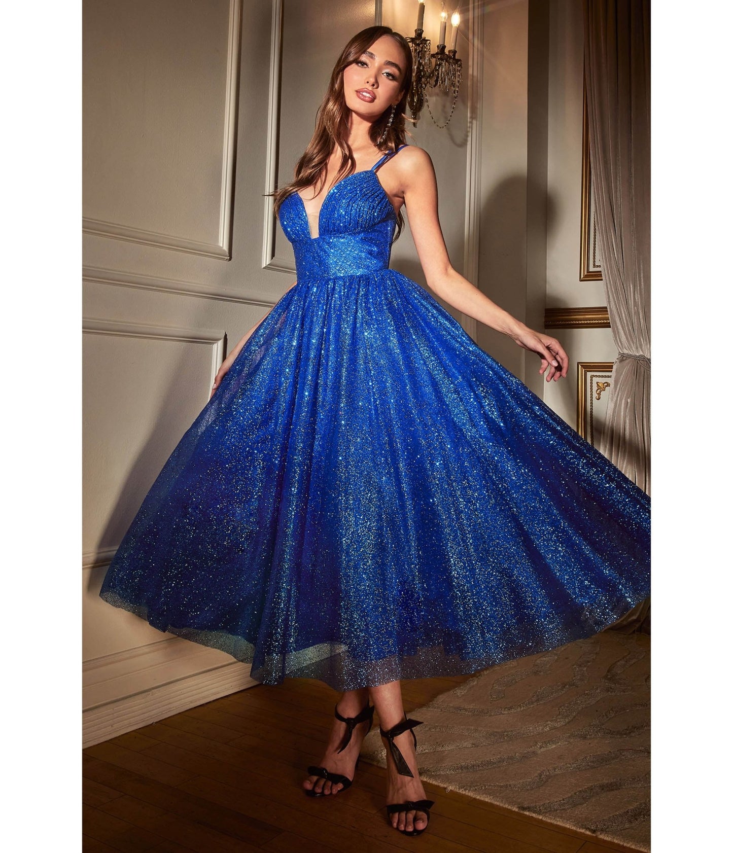 Royal Blue Glitter Sleeveless Tea Length Ball Gown - Unique Vintage - Womens, DRESSES, PROM AND SPECIAL OCCASION