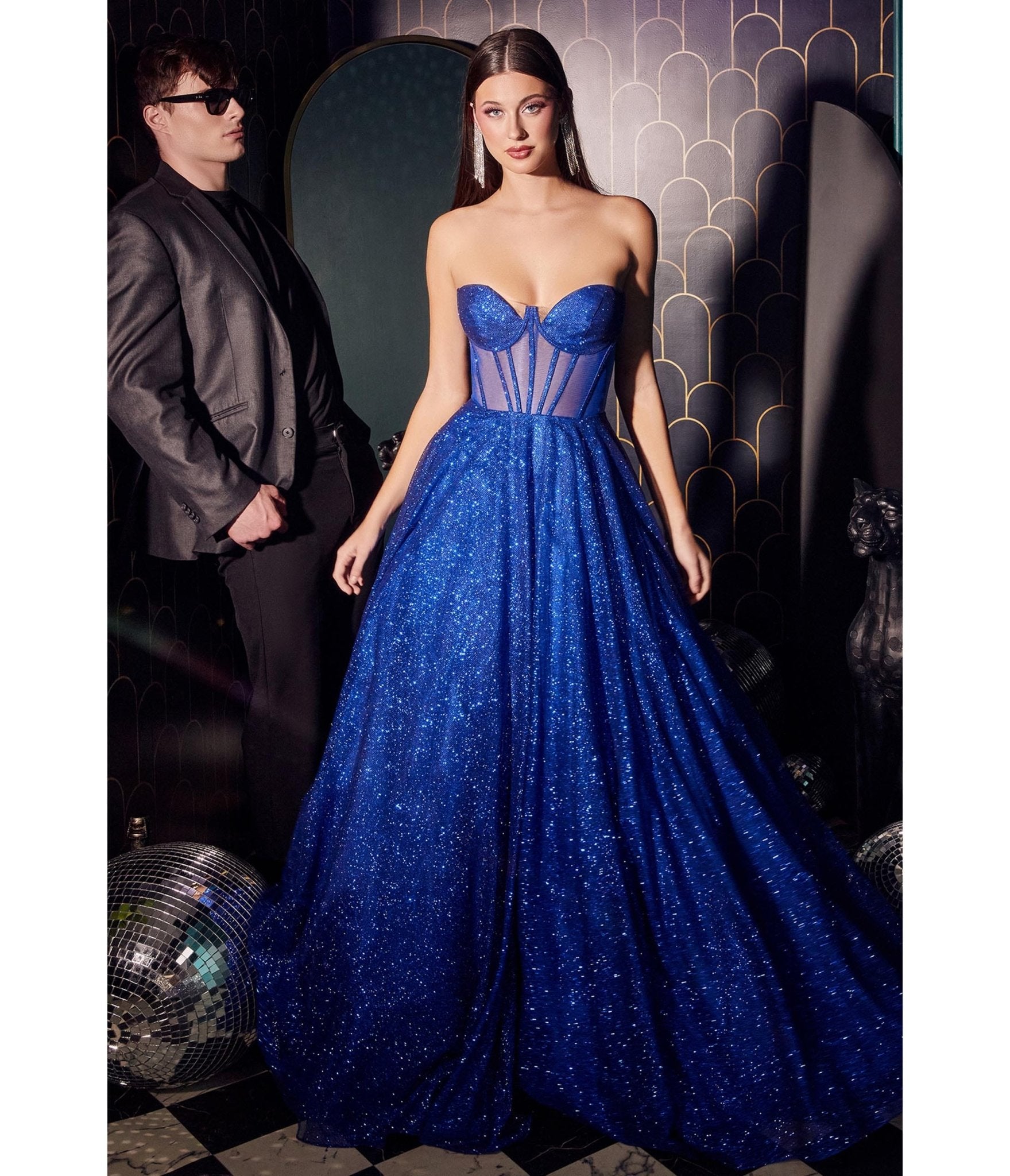 Royal Blue Glitter Strapless Corset Prom Gown - Unique Vintage - Womens, DRESSES, PROM AND SPECIAL OCCASION