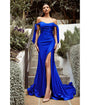 Cinderella Divine  Royal Blue Off The Shoulder Tie Prom Gown