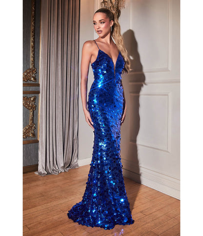 Royal Blue Pailllette Sequin Sheath Evening Gown - Unique Vintage - Womens, DRESSES, PROM AND SPECIAL OCCASION