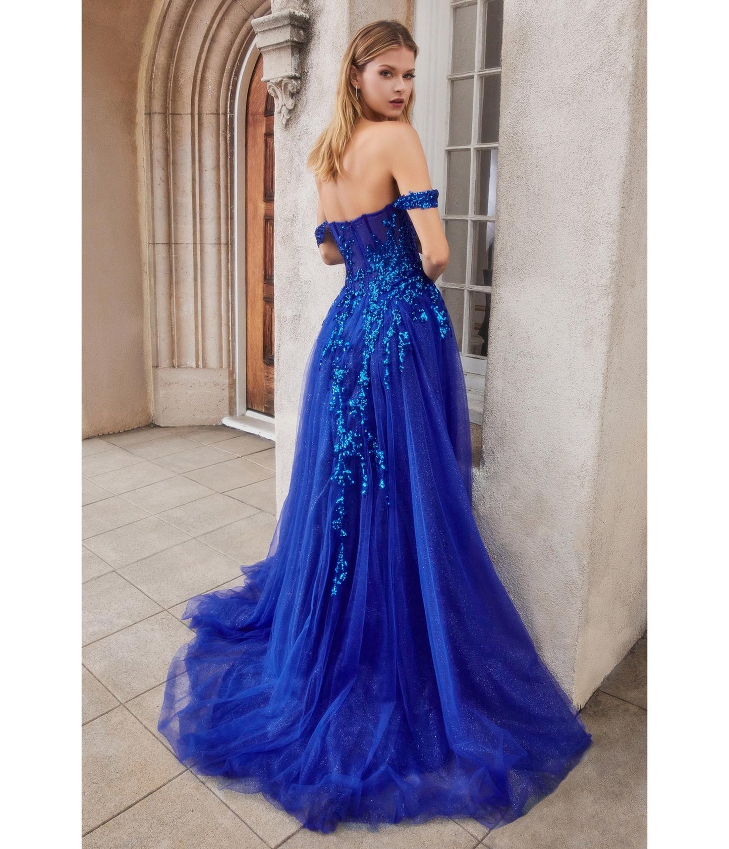 Royal Blue Sequin Applique Off The Shoulder Tulle Evening Gown - Unique Vintage - Womens, DRESSES, PROM AND SPECIAL OCCASION
