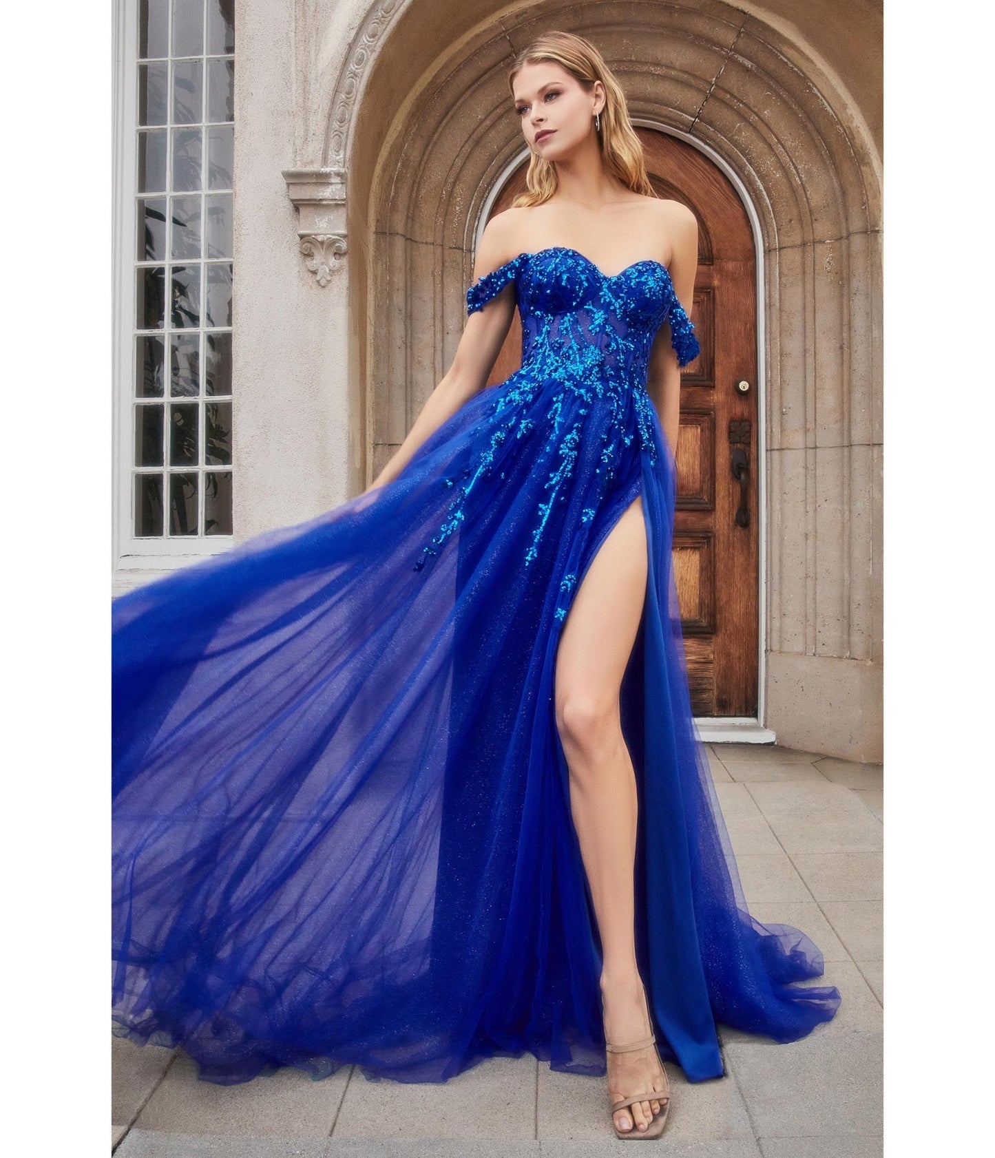 Royal Blue Sequin Applique Off The Shoulder Tulle Evening Gown - Unique Vintage - Womens, DRESSES, PROM AND SPECIAL OCCASION