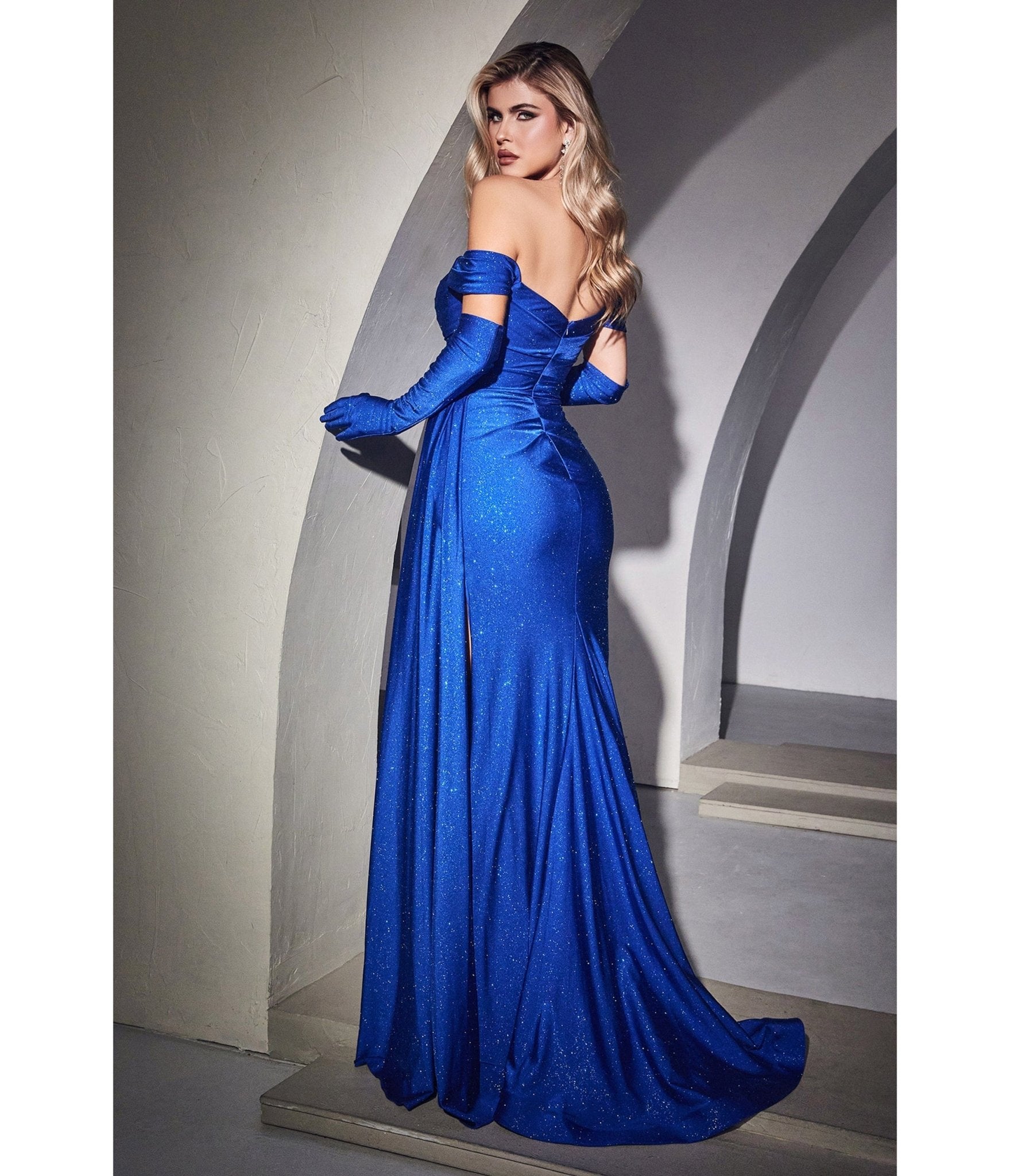 Royal Blue Shimmering Off The Shoulder Bridesmaid Dress with Gloves - Unique Vintage - Womens, DRESSES, PROM AND SPECIAL OCCASION