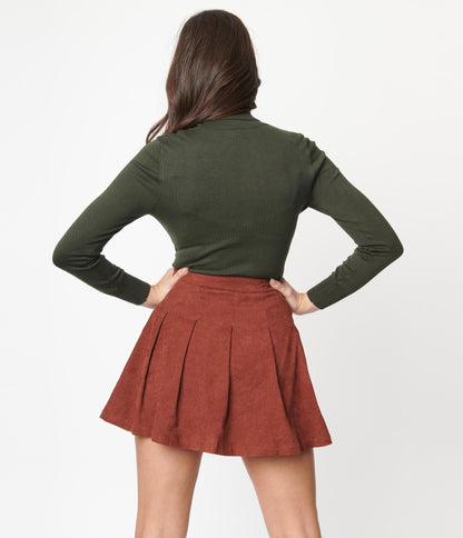 Rust Brown Corduroy Pleated Tennis Skirt - Unique Vintage - Womens, BOTTOMS, SKIRTS