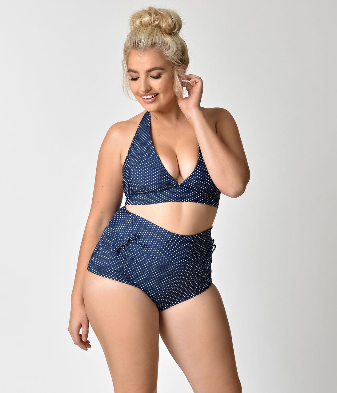 Unique Vintage Plus Size Navy & Ivory Pin Dot Gilda High Waist Swim Bottoms