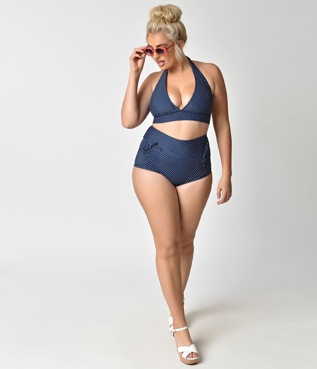 Unique Vintage Plus Size Navy & Ivory Pin Dot Gilda High Waist Swim Bottoms